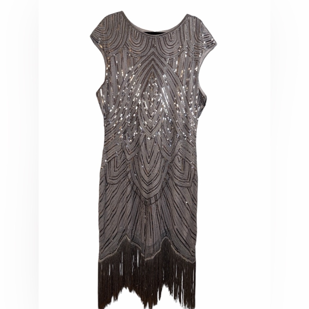 Sleeveless Silver Sequin Fringe Mini Flapper Dress Size 4XL NWOT #300